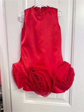 Girls Red Satin Dress with Rose-Trim Hem